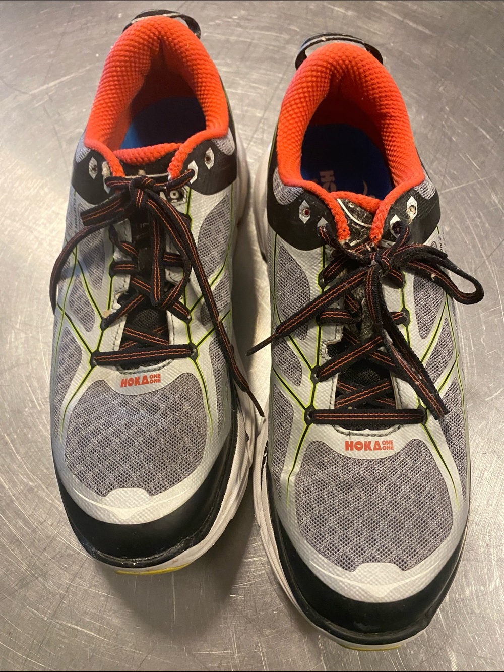 Hoka One Men’s Athletic Shoes — Gray, Orange & Lime Accents size 9